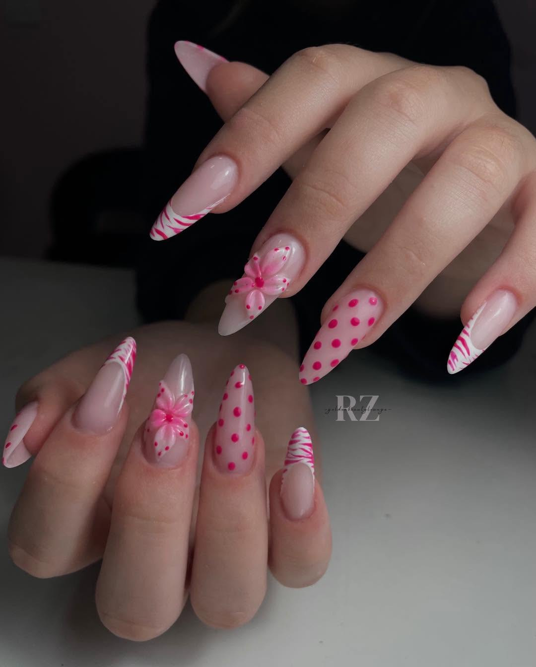 Pink 3D floral nail art with polka dots on almond nails, Il-Fgura nail salon